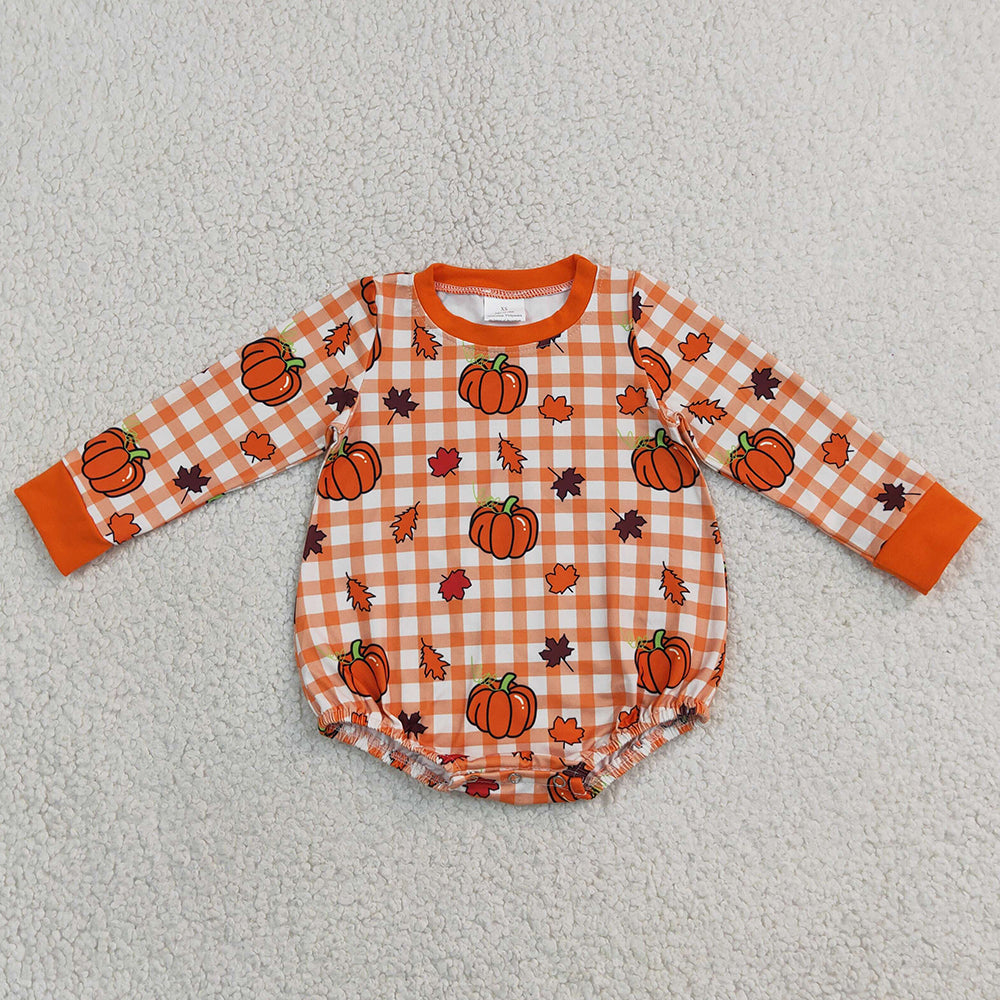 Baby Boys Rompers Long Sleeve Orange Checked Pumpkins Leaves Fall Romper LR3236