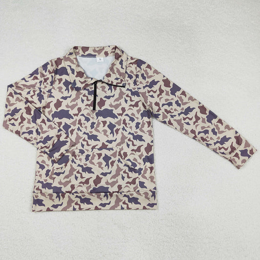 Adult Women Clothes Tops Dark Khaki Camo Long Sleeve Tee Shirts Zip Pullovers Tops GT0828