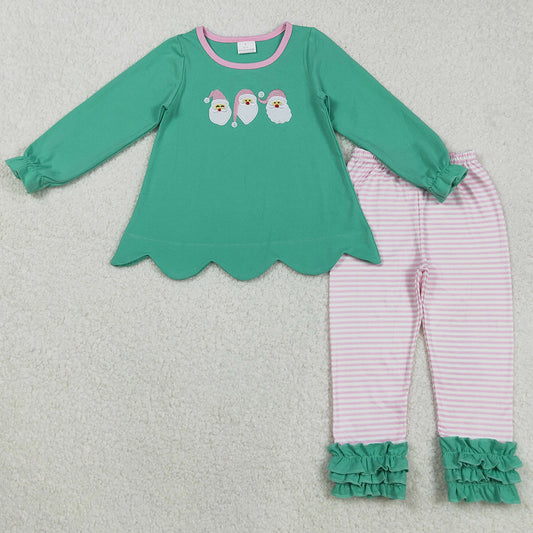 Baby Girls Clothes Green Christmas Santa Embroidery Tunic Stripe Legging Pant Sets GLP2575 9.1