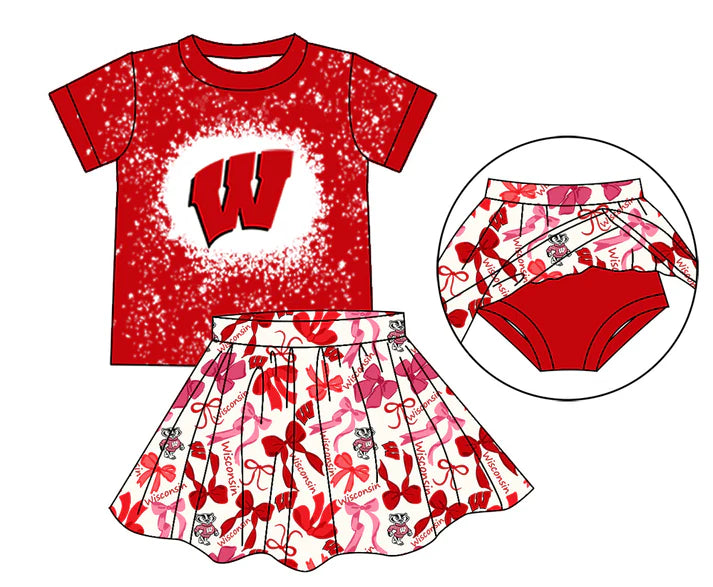 Preorder moq 5 red W bleached top bow skirt girls team outfits 8.23