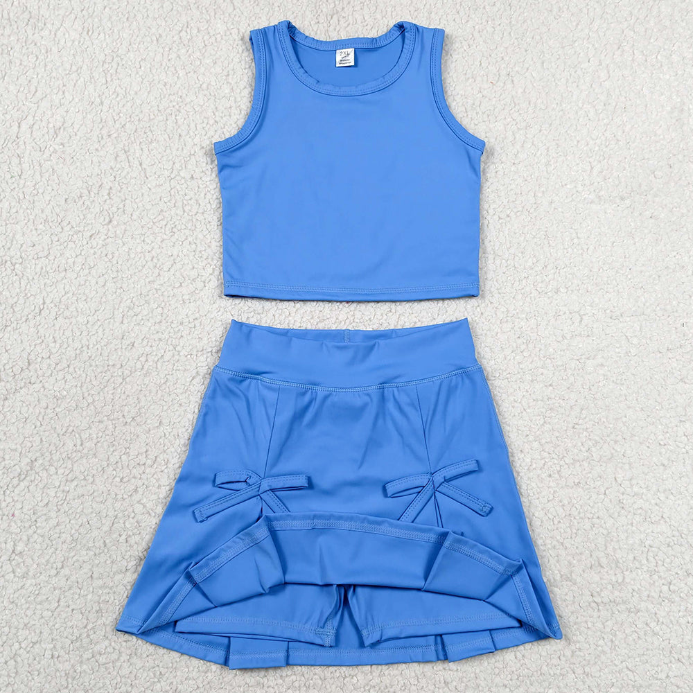Baby Girls Clothes Hot Blue Vest Top Bows Skirt Shorts Yoga Active Clothes Set GSD3761