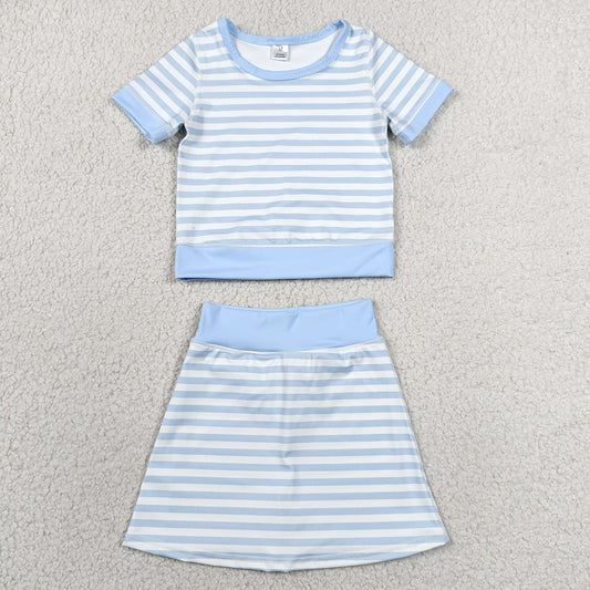 Baby Girls Clothes Light Blue Stripe Top Skirt Shorts Yoga Active Clothes Sets GSD4162
