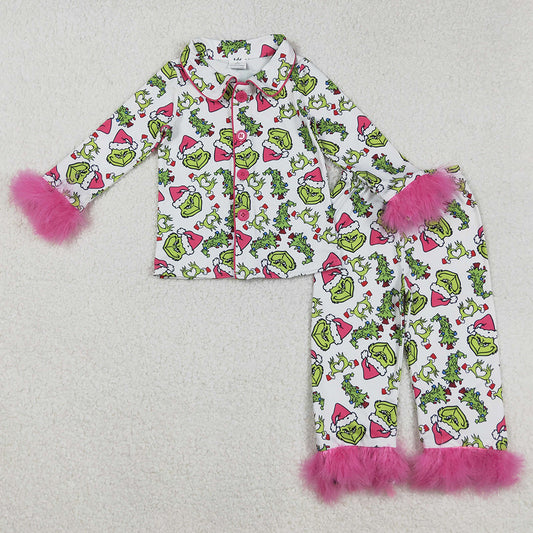 Baby Girls Pajamas Christmas Fur Green Face Buttons Top Pants Sleepwear Sets GLP2647 9.2