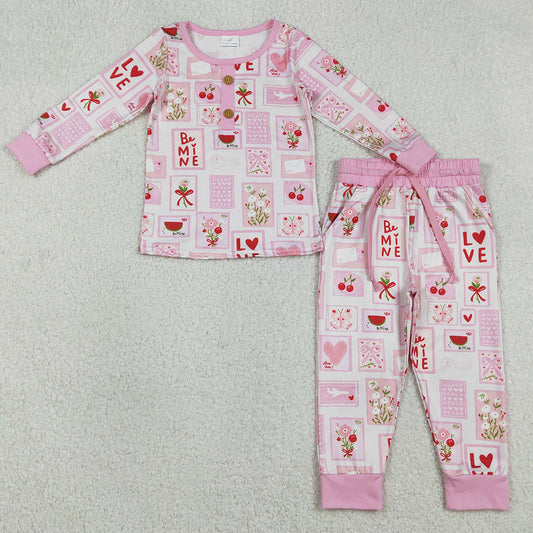 Baby Girls Pajamas Flower Hearts Love Button Top Pockets Pant Valentines Clothes Set GLP2946 1.2