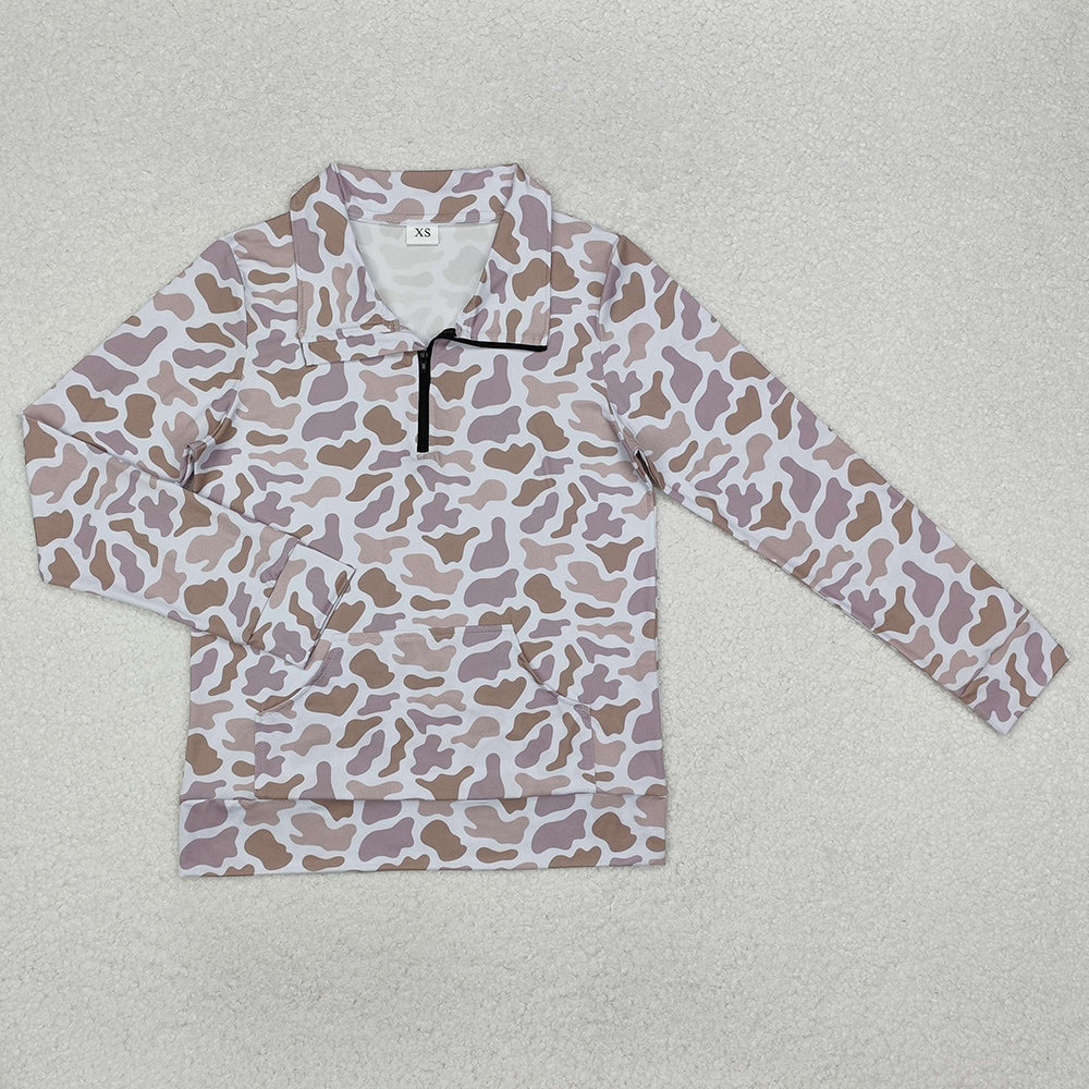 Adult Women Tops Khaki Camo Long Sleeve Tee Shirts Zip Pullovers Tops GT0831