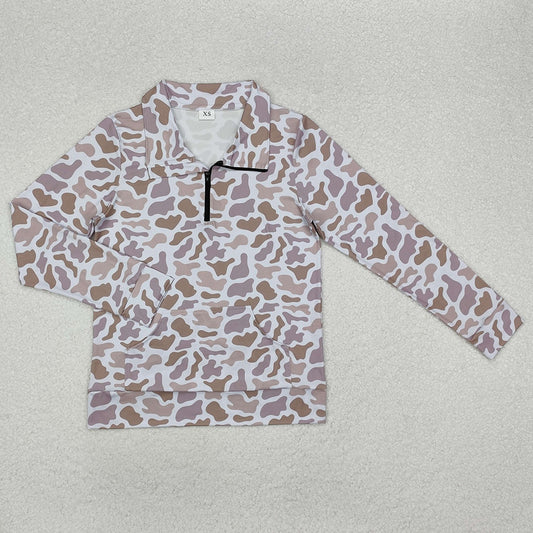 Adult Women Tops Khaki Camo Long Sleeve Tee Shirts Zip Pullovers Tops GT0831