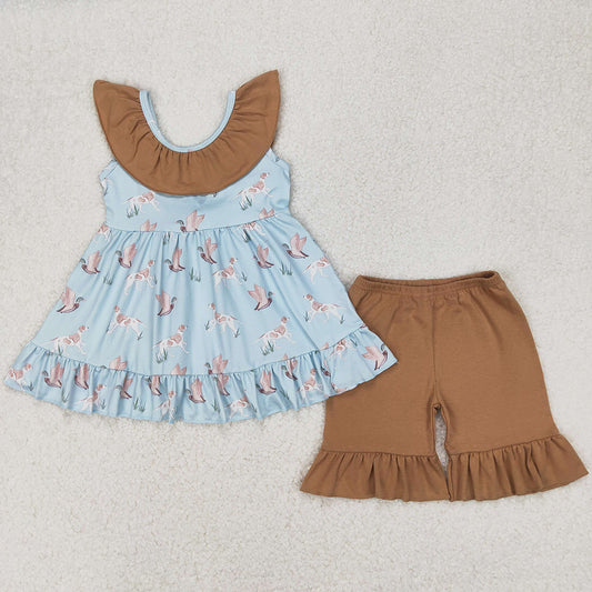Baby Girls Clothes Sleeveless Dogs Ducks Tunic Khaki Ruffle Shorts Sets GSSO2385