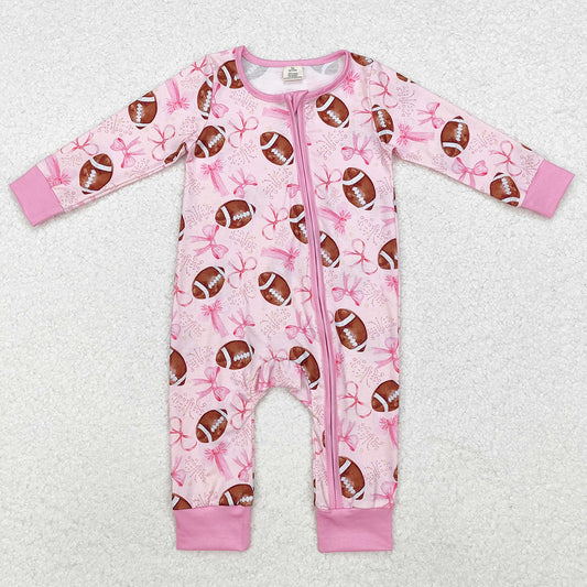 Baby Infant Girls Rompers Pink Bows Football Bamboo Zip Rompers LR1595