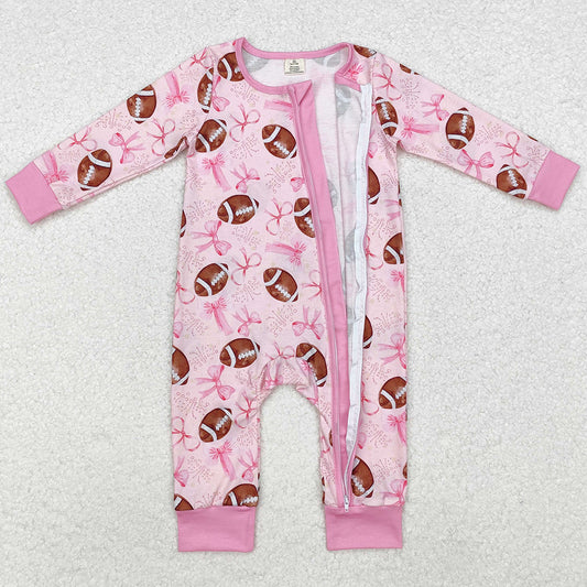 Baby Infant Girls Rompers Pink Bows Football Bamboo Zip Rompers LR1595