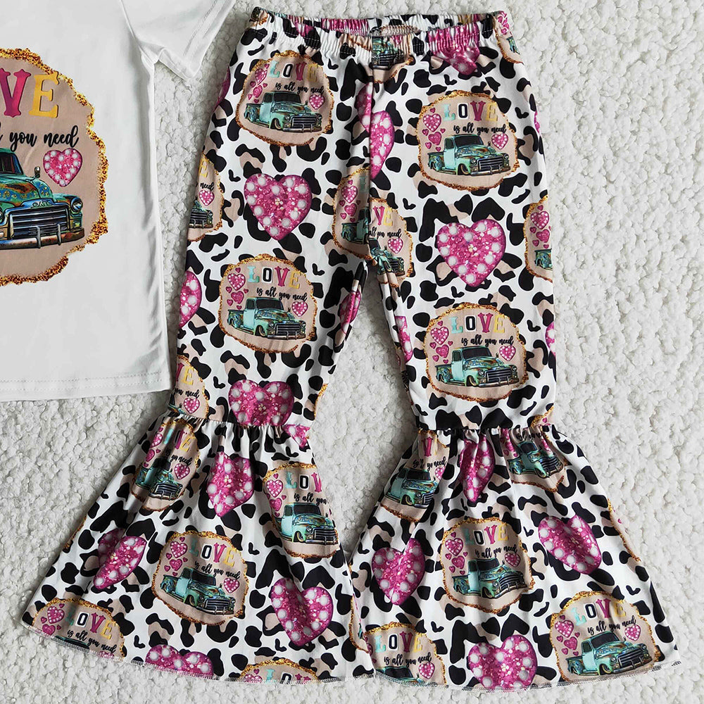 Baby Girls Clothes Short Sleeve Bell Bottom Pants Love Heart Girls Outfits E13-26