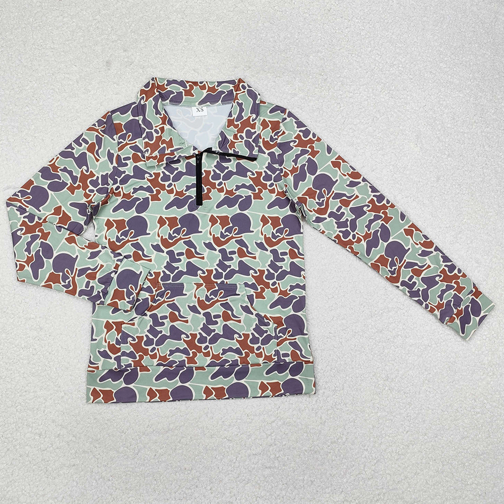 Adult Women Tops Camo Long Sleeve Tee Shirts Zip Pullovers Tops GT0833