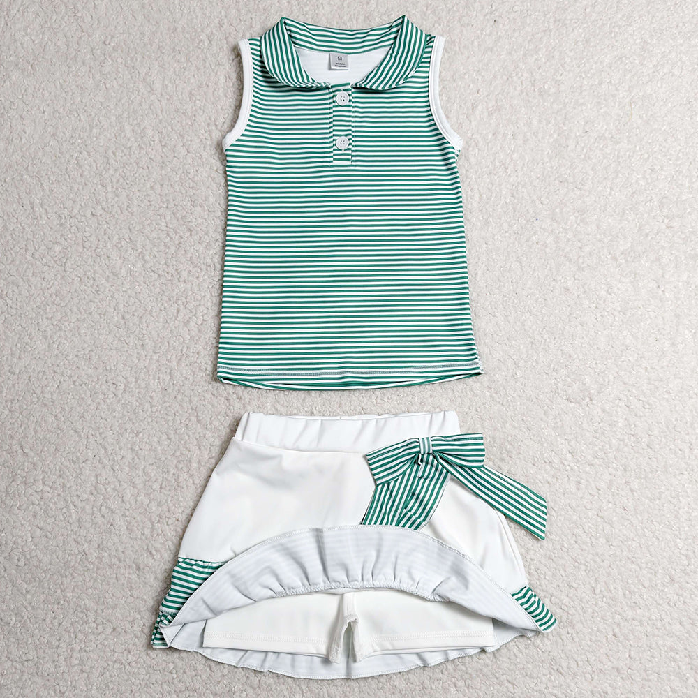 Baby Girls Clothes Green Stripe Button Vest Top Ruffle Skirt Short Yoga Active Clothes Set GSD4121
