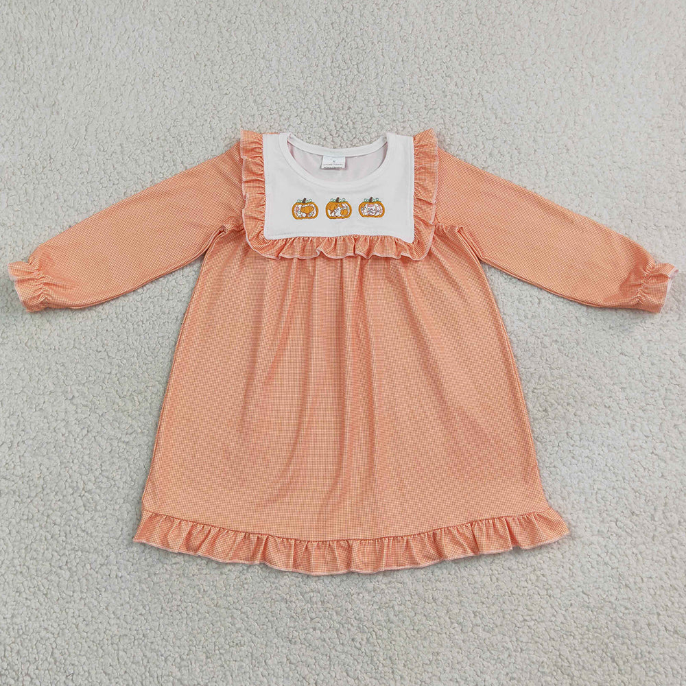 Baby Girls Dress Embroidery Pumpkins Fall Ruffle Knee Length Dresses GLD1645