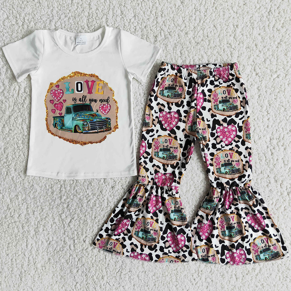 Baby Girls Clothes Short Sleeve Bell Bottom Pants Love Heart Girls Outfits E13-26