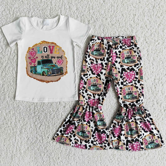 Baby Girls Clothes Short Sleeve Bell Bottom Pants Love Heart Girls Outfits E13-26