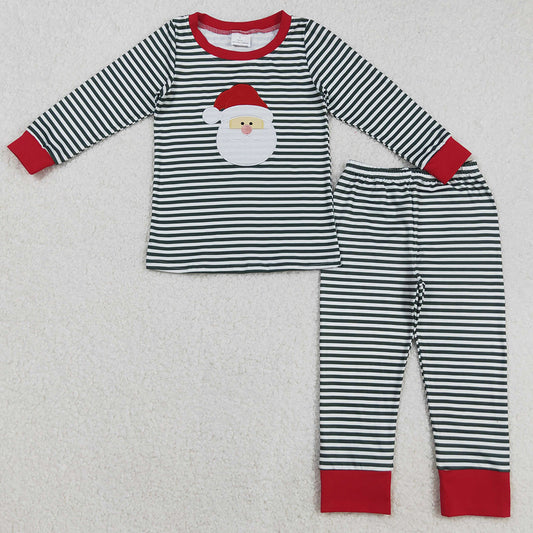 Embroidery Baby Boys Pajamas Christmas Green Stripe Santa Top Pant Pajamas Sets BLP1126 9.2