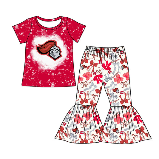 Preorder MOQ 5 bleached red R top bow pants girls team clothes 8.25