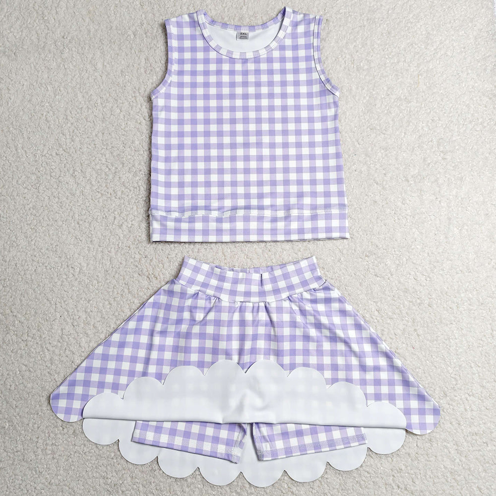 Baby Girls Clothes Lavender Checked Vest Scallop Skirt Short Yoga Active Clothes Set GSD4067