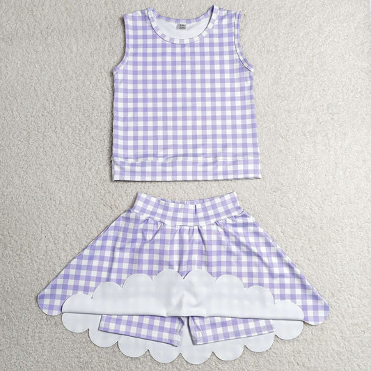 Baby Girls Clothes Lavender Checked Vest Scallop Skirt Short Yoga Active Clothes Set GSD4067