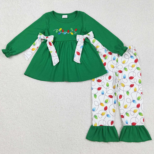Baby Girls Clothes Green Bows Embroidery Lights Tunic Ruffle Pant Christmas Set GLP2491 9.2