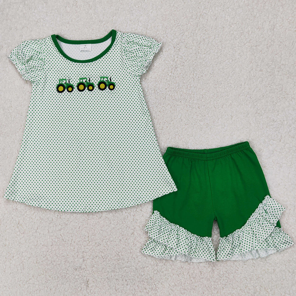 Baby Girls Clothes Green Farm Trucks Embroidery Tunic Tops Ruffle Shorts Sets GSSO2268