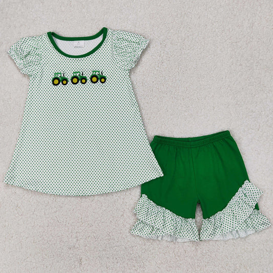 Baby Girls Clothes Green Farm Trucks Embroidery Tunic Tops Ruffle Shorts Sets GSSO2268