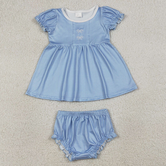 Baby Girls Clothes Embroidery Bows Blue Stripe Tunic Bummies Clothes Sets GBO0486