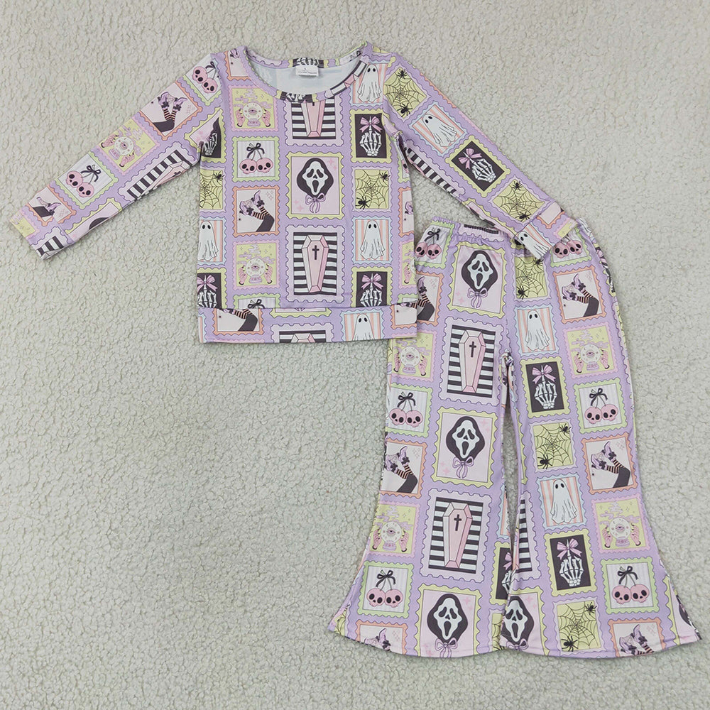 Baby Girls Clothes Spider Ghosts Checked Shirt Flare Pant Halloween Clothes Sets GLP3402