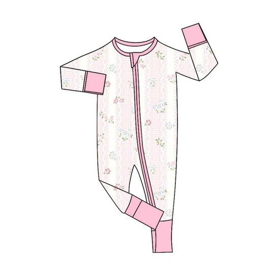 Preorder (moq 5)Baby Girls Pink Flower Hearts Stripe Zipper Footie Rompers 11.12
