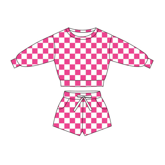 Preorder(moq 5) Baby Girls Pink Checked Long Sleeve Pockets Shorts Clothes Sets 10.27