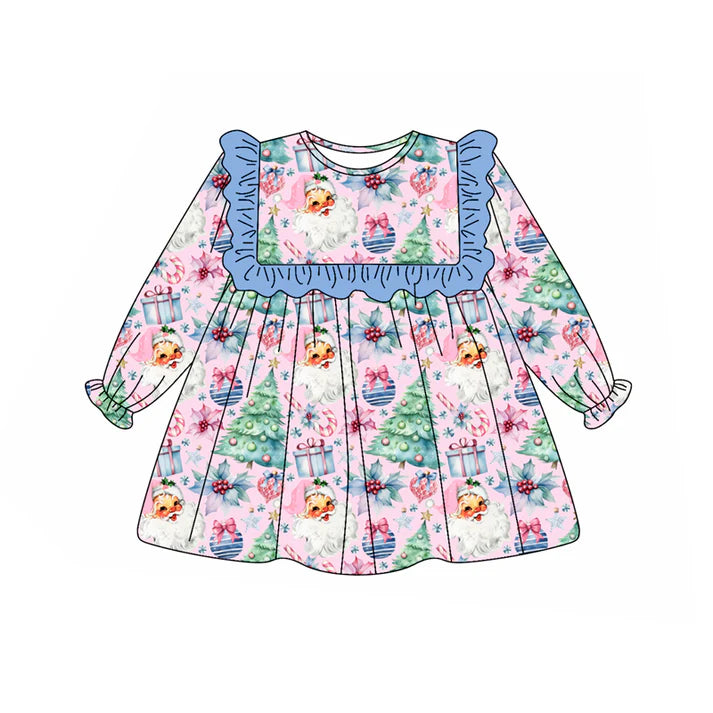 Preorder (moq 5)Baby Girls Blue Long Ruffle Sleeves Floral Trees Santa Knee Length Dresses 6.2