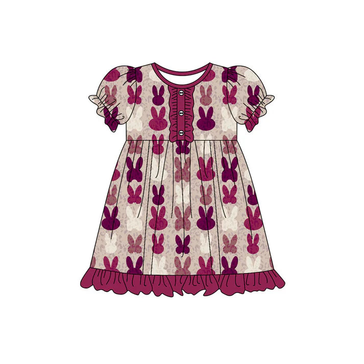 Preorder(moq 5) Baby Girls Hot Pink Rabbits Button Easter Ruffle Knee Length Dresses 10.18