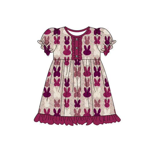 Preorder(moq 5) Baby Girls Hot Pink Rabbits Button Easter Ruffle Knee Length Dresses 10.18