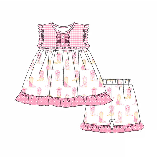 Preorder (moq 5)Baby Girls Pink Ruffle Sleeveless Button Boots Tunic Short Set 5.14