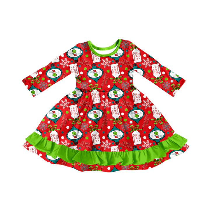 Preorder (moq 5)Baby Girls Long Sleeves Cartoon Faces Plaid Ruffle Knee Length Dresses 7.26