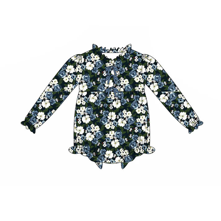 Preorder(moq 5)Baby Infant Girls Navy Flowers Button Ruffle Rompers 7.29