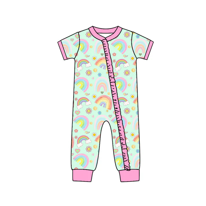 Preorder (moq 5)Baby Girls Rainbow Hearts Valentines Two Way Ruffle Zip Convertible Rompers 11.26