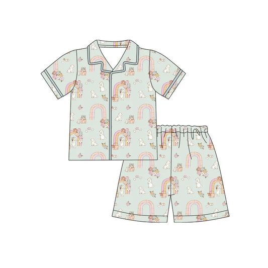 Preorder (moq 5)Baby Girls Eggs Rabbits Flowers Button Top Shorts Easter Pajamas Sets 12.12