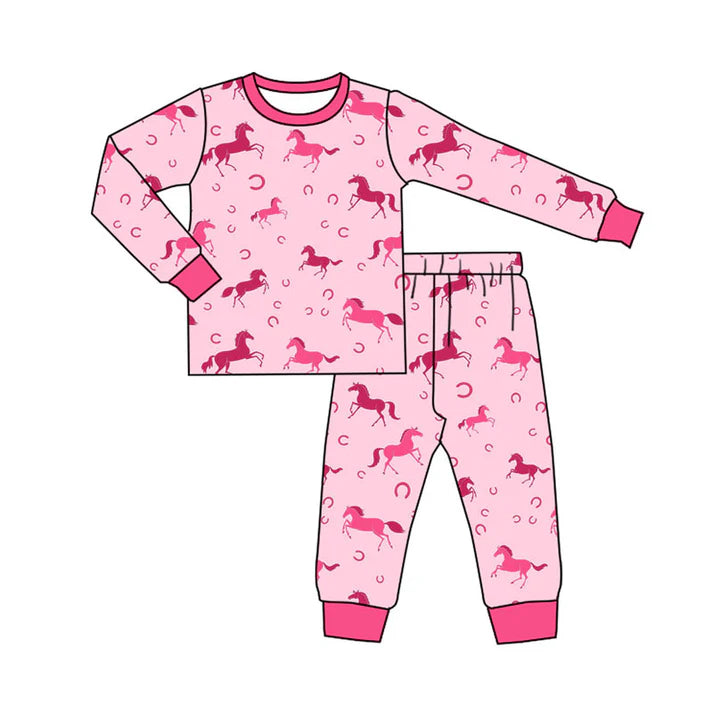 Preorder (moq 8)Baby Girls Pink Horse Shoes Top Pants Western Pajamas Set 9.16