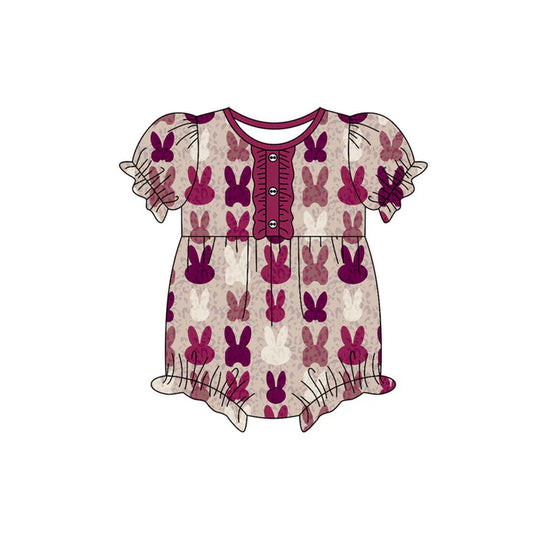 Preorder (moq 5)Baby Girls Hot Pink Rabbits Button Easter Ruffle Rompers 10.18