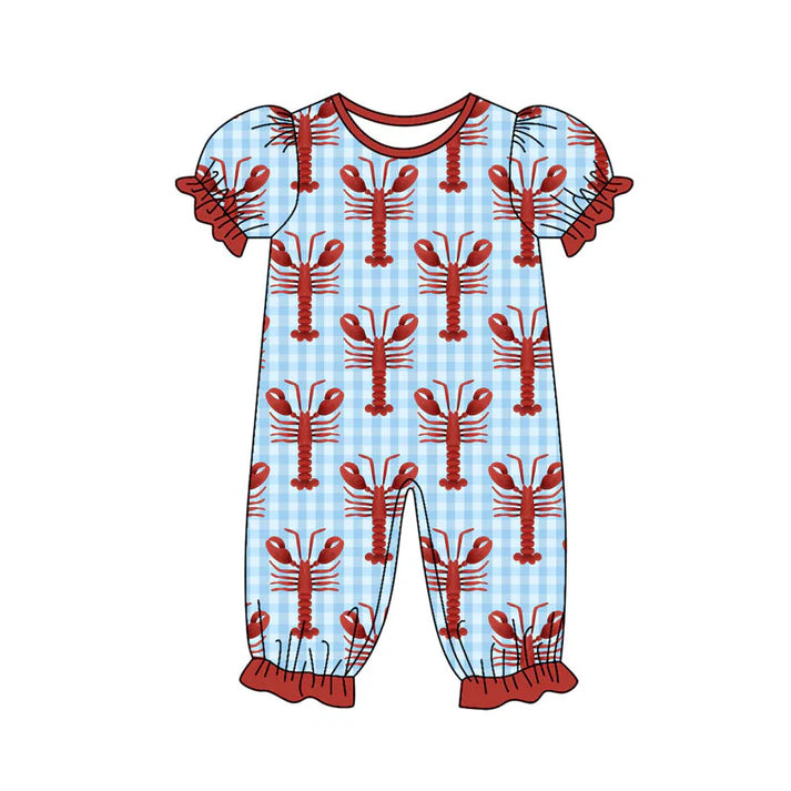 Preorder (moq 8)Baby Girls Blue Checked Crayfishes Ruffle Footie Rompers 9.27