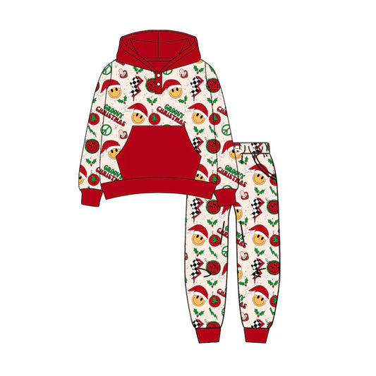 Preorder (moq 5)Baby Boys Red Long Sleeves Hats Smiles Pocket Button Hoodies Legging Pant Sets 6.10