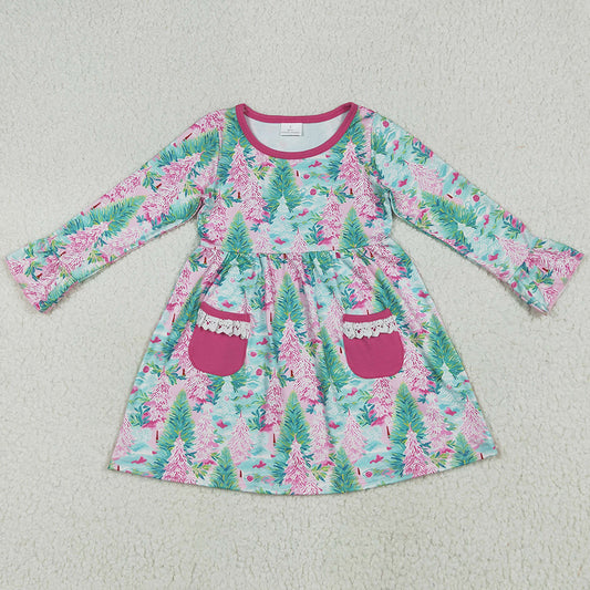 Baby Girls Dress Long Ruffle Sleeves Trees Floral Pockets Knee Length Dresses GLD1072 6.19
