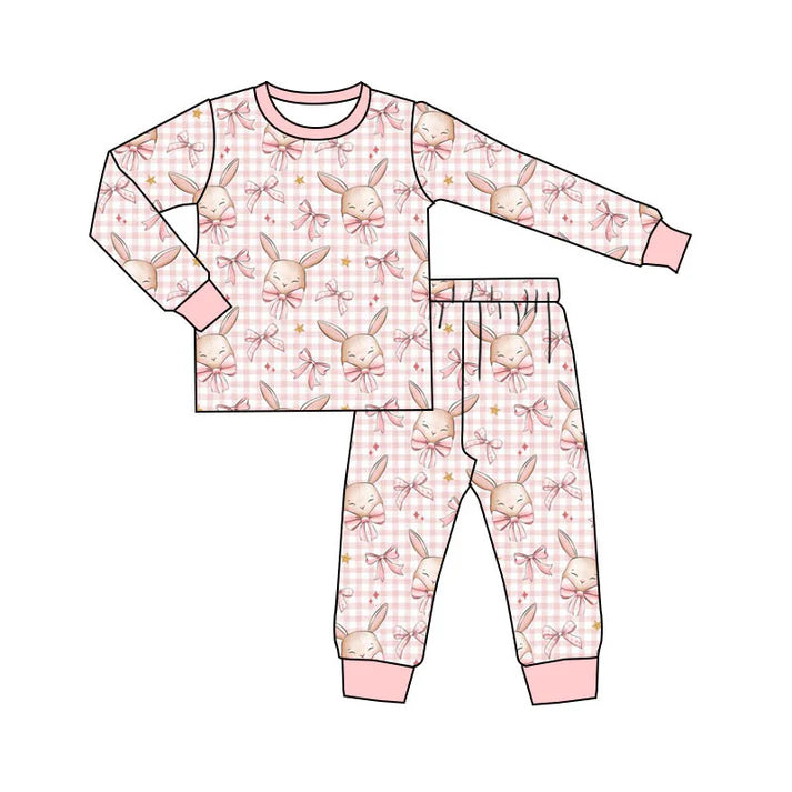 Preorder(moq 5) Baby Girls Pink Bows Rabbits Checked Top Pants Easter Pajamas Sets 11.19