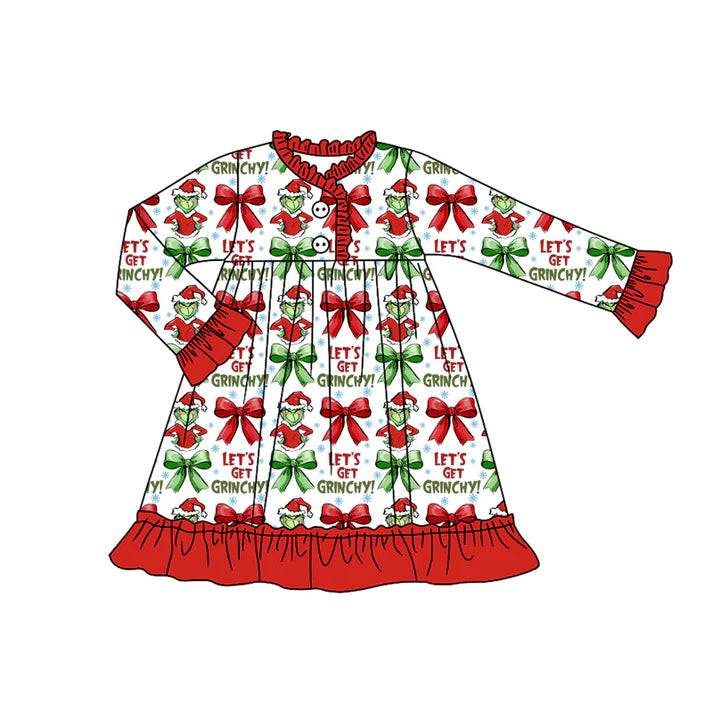 Preorder (moq 5)Baby Girls Christmas Let's Go Frog Ruffle Gown Knee Length Dresses 8.7