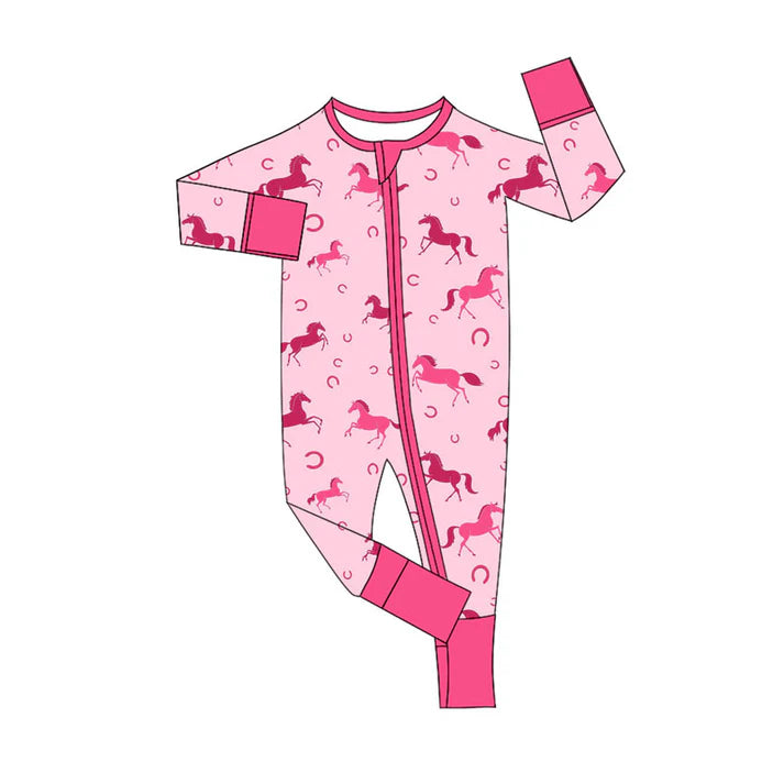 Preorder (moq 8)Baby Girls Pink Horse Shoes Western Zipper Footie Rompers 9.16