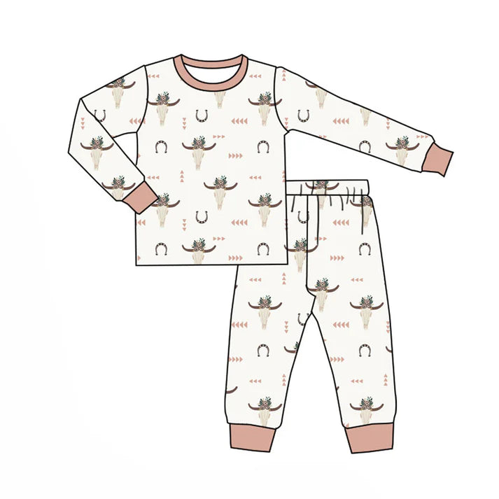 Preorder (moq 8)Baby Boys Flower Bull Skulls Shoes Top Pants Western Pajamas Set 9.15