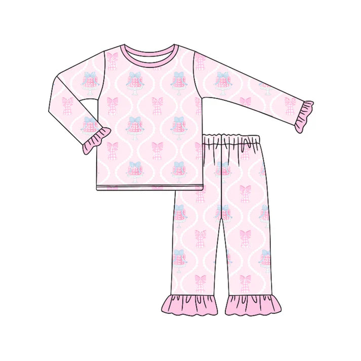 Preorder (moq 5)Baby Girls Pink Long Ruffle Sleeves Bows Gifts Plaid Top Pant Pajamas Sets 6.21