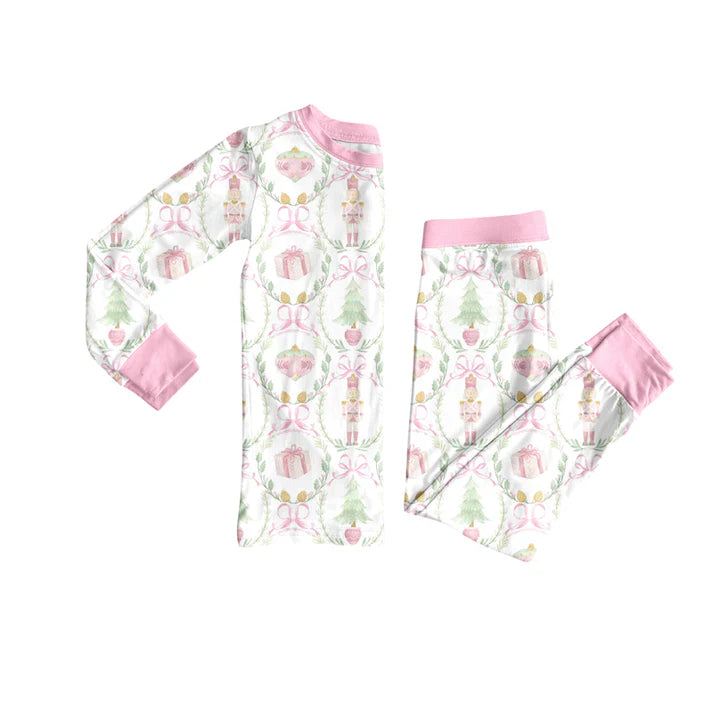 Preorder (moq 5)Baby Girls Long Sleeves Pink Bows Gifts Plaid Top Pant Pajamas Sets 6.11