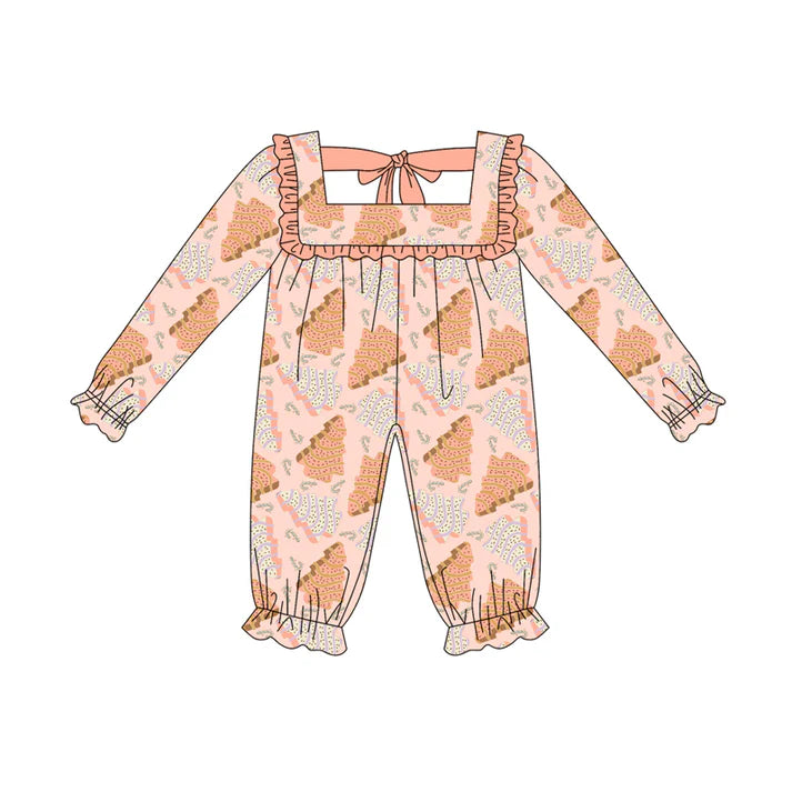 Preorder (moq 5)Baby Girls Long Sleeves Peach Trees Plaid Ruffle Pant Romper 7.5